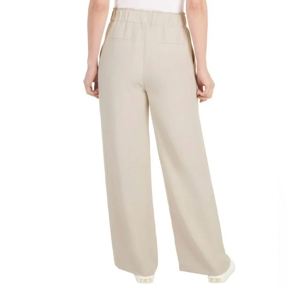 Hilary Radley Women's Wide Leg Crinkle Pants With Elasticwaistband ( Oatmeal, L)